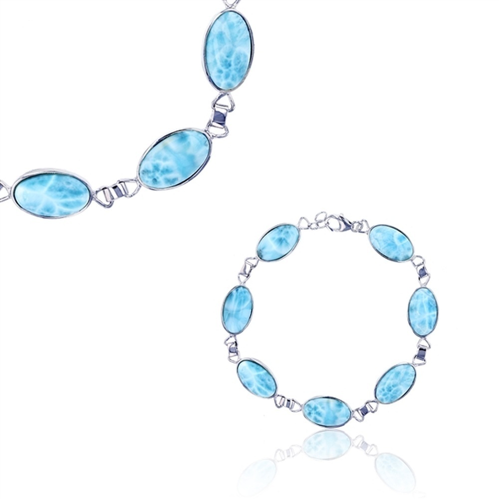 925 Sterling Silver Seven Linked Oval Larimar Bracelet 7.75"